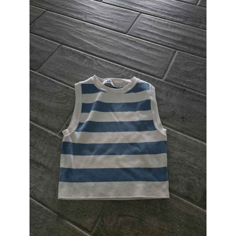 Zara Womens Blue White Striped Sleeveless Knit Crop Top Size Small